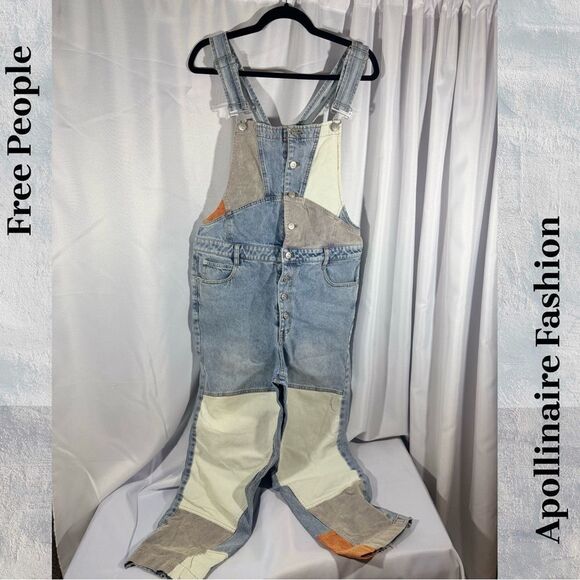 FREE PEOPLE PIECED PATCH WORK OVERALLS IN BLUE COMBO MEDIUM NEW - Picture 4 of 6